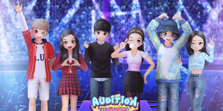 Karakter Audition AyoDance menari di panggung dengan efek cahaya, merayakan update terbaru Oktober 2025 di lapakmain.id.