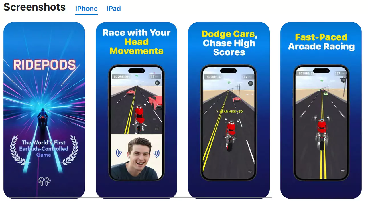 Pemain menggunakan AirPods untuk mengendalikan game balap motor di iPhone
