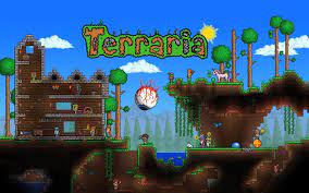 Tampilan dunia pixel di game PC Terraria dengan karakter dan monster