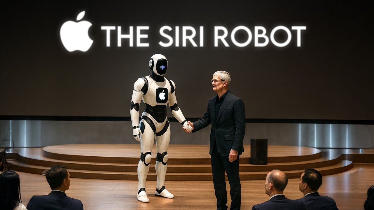 Konsep robot AI lengan pintar Apple di meja dapur, berfungsi sebagai asisten rumah tangga dan hub Siri cerdas. lapakmain.id.