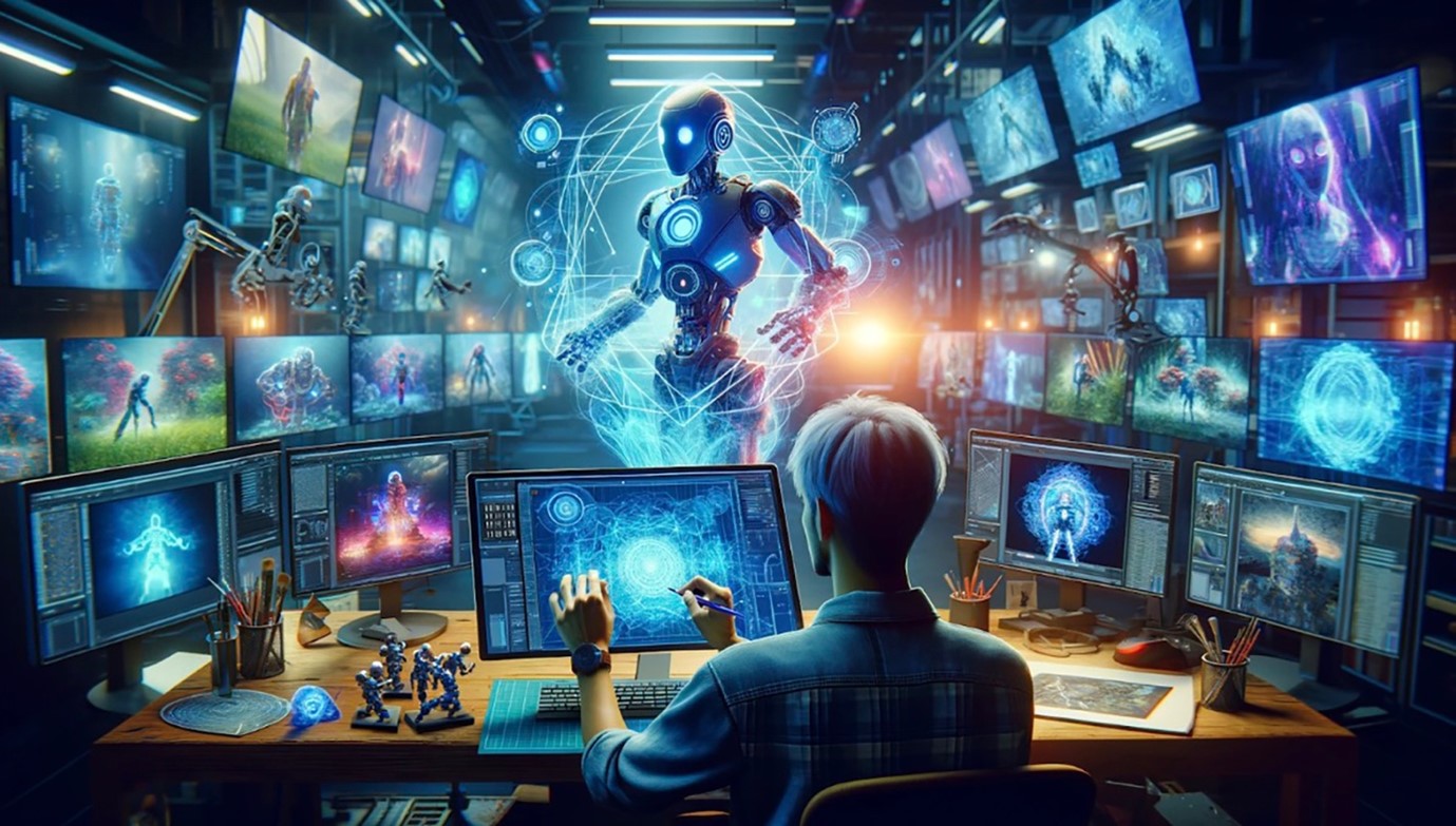 Transformasi Industri Game dengan AI dan Teknologi Masa Depan – LapakMain.id Ilustrasi kecerdasan buatan dalam industri game modern yang menampilkan interaksi manusia dan AI di dunia virtual