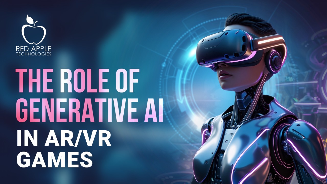 Ilustrasi AI generatif yang menciptakan dunia game AR dan VR futuristik dengan karakter dan lingkungan virtual.