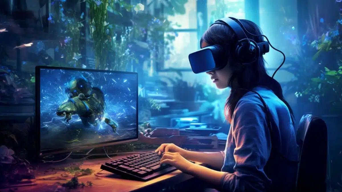 seorang gamer menggunakan perangkat PlayStation modern dengan teknologi digital dan VR untuk menggambarkan inovasi masa depan gaming