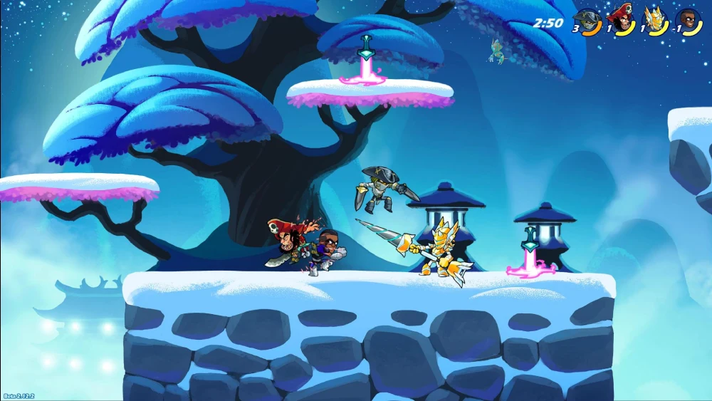 Bodvar Brawlhalla menggunakan pedang dalam pertarungan platform 2D