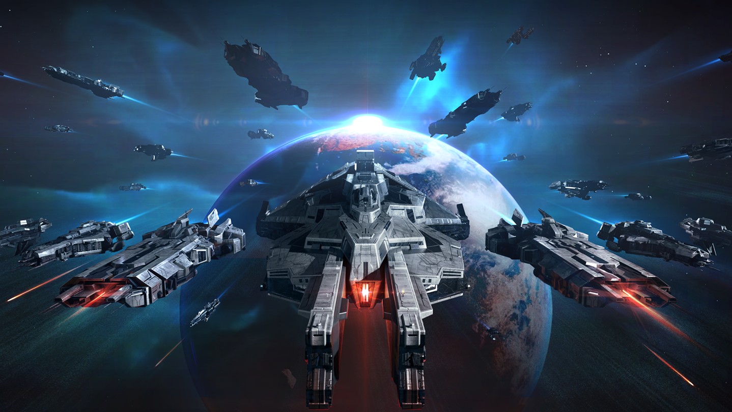 Nova Space Armada – Pertempuran Armada Galaksi Epik Ilustrasi Nova: Space Armada menampilkan armada luar angkasa sedang bertempur di galaksi dengan kapal tempur futuristik dan efek ledakan memukau