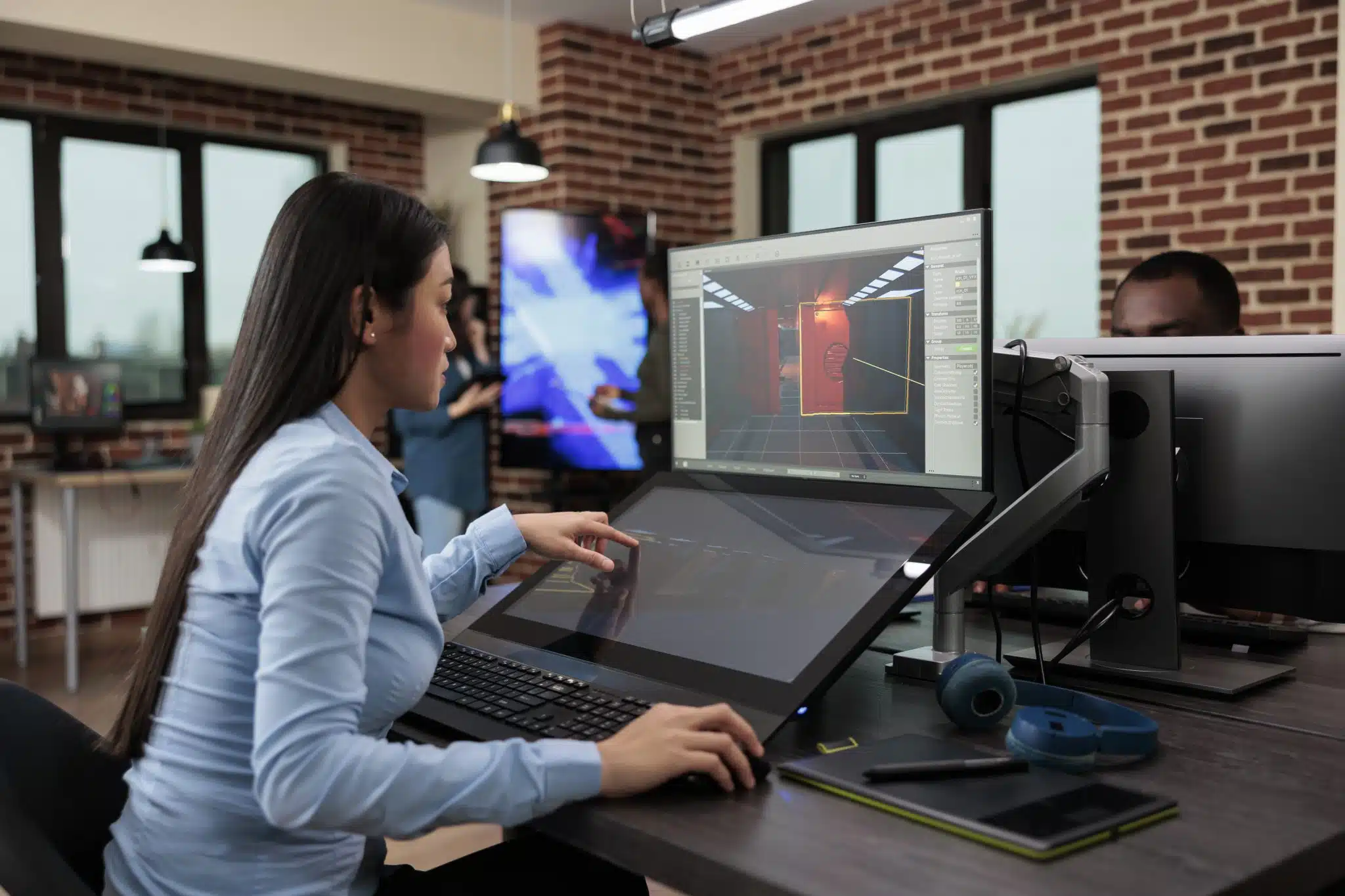 pengembang game bekerja di komputer dengan Unity Engine