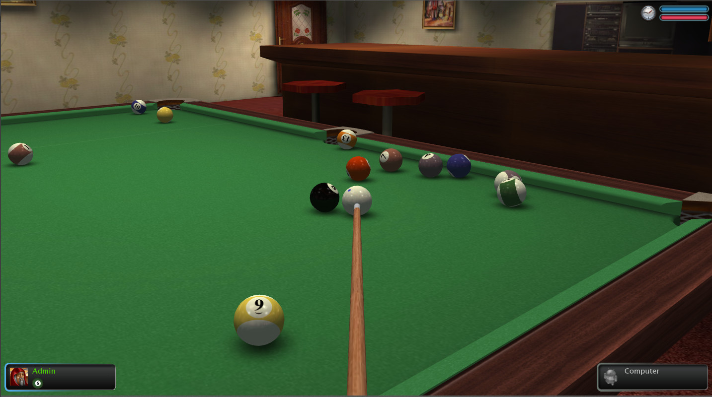 Screenshot Real Pool 3D Poolians menampilkan meja biliar 3D realistis dan bola berwarna-warni dalam mode multiplayer online