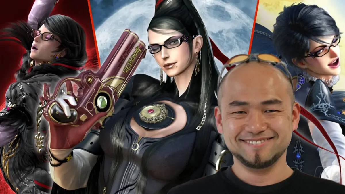 Bayonetta dengan kacamata hitam ikonik dan kostum khasnya