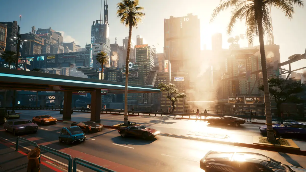 Cyberpunk 2077 Night City dunia futuristik dengan lampu neon dan karakter V siap bertarung