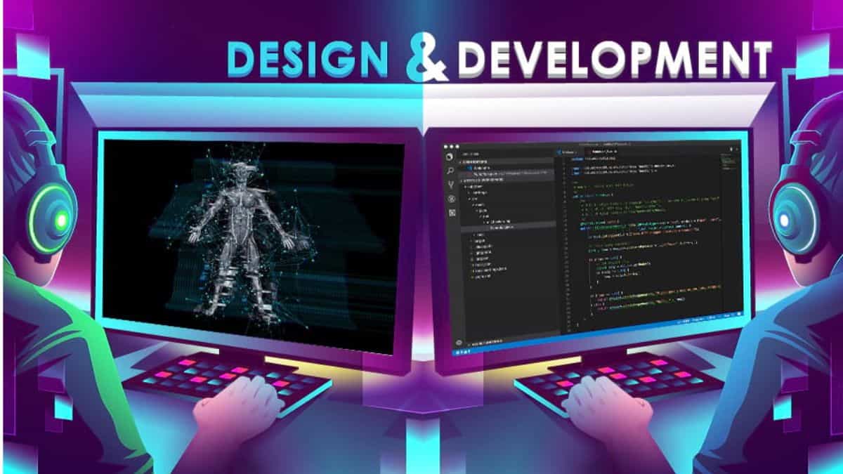 Seorang game artist sedang membuat desain karakter dan animasi di komputer