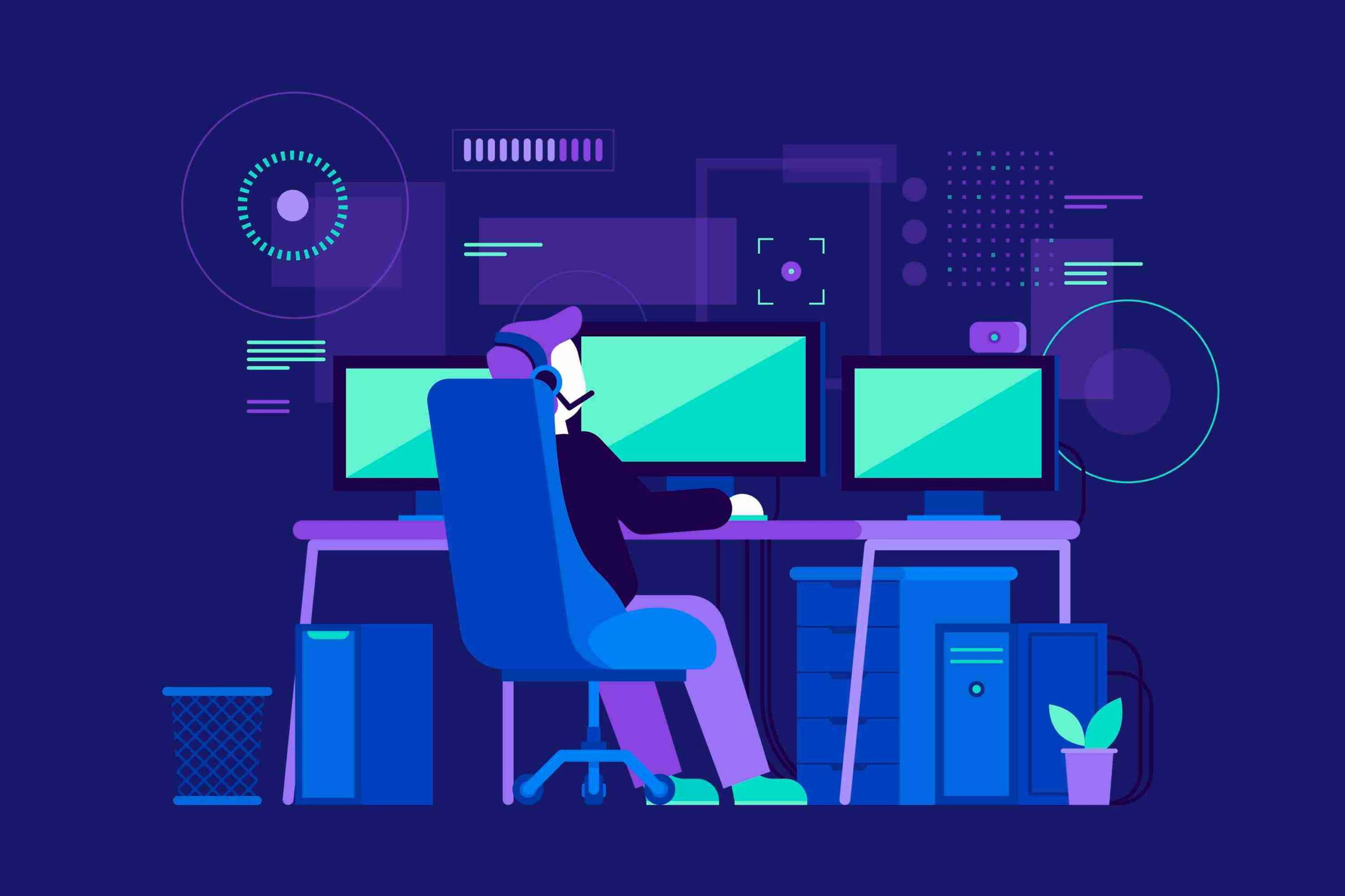 Profesi Game Developer Indonesia Seorang game developer sedang coding di komputer dengan game engine terbuka