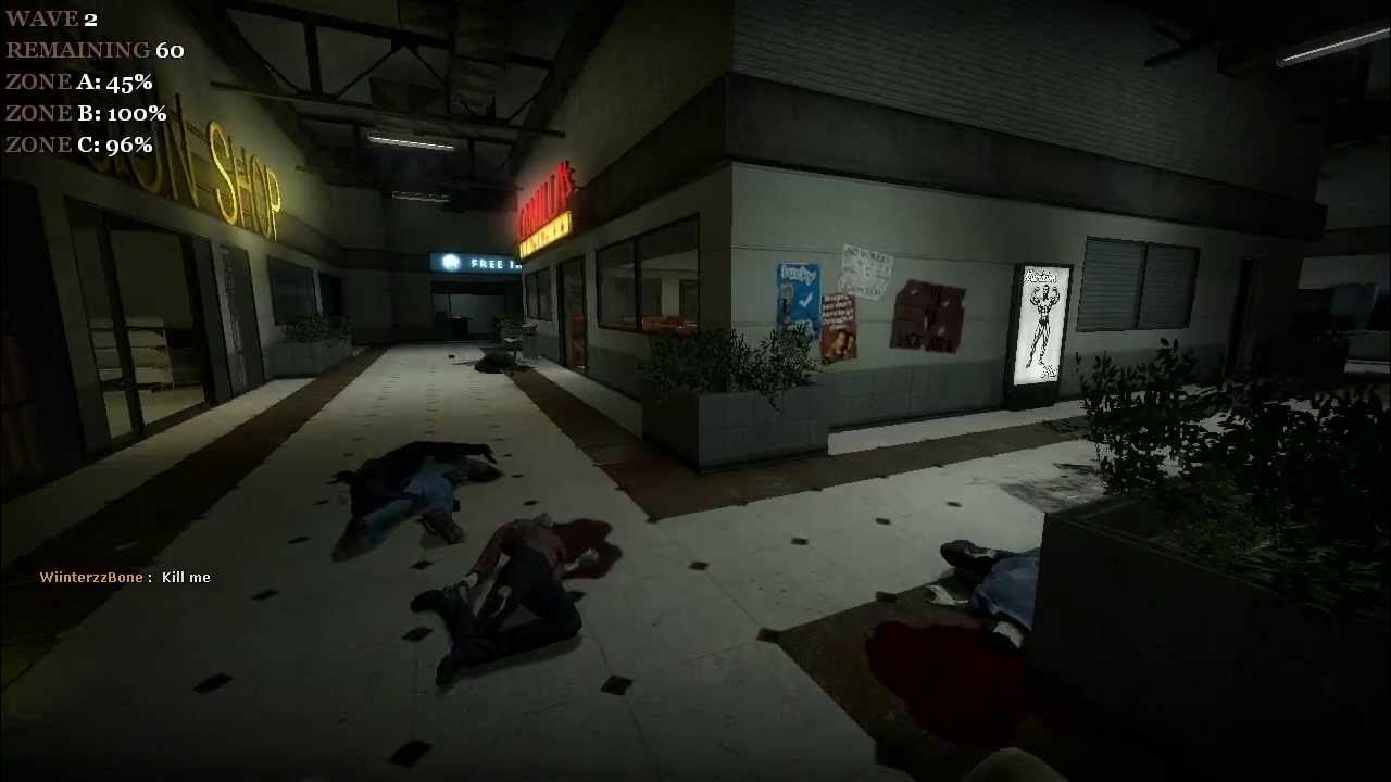 Screenshot gameplay No More Room in Hell menampilkan tim bertahan hidup melawan gelombang zombie di malam hari