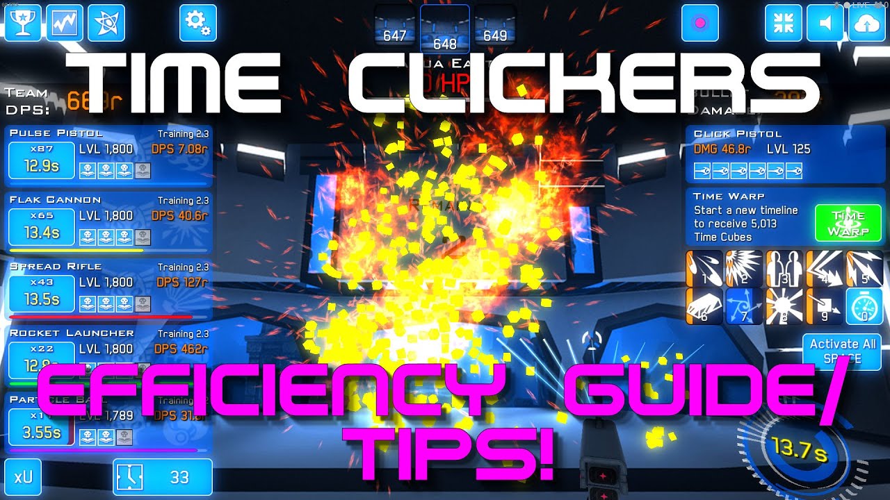 Gameplay Time Clickers dengan karakter menembak musuh dan upgrade senjata