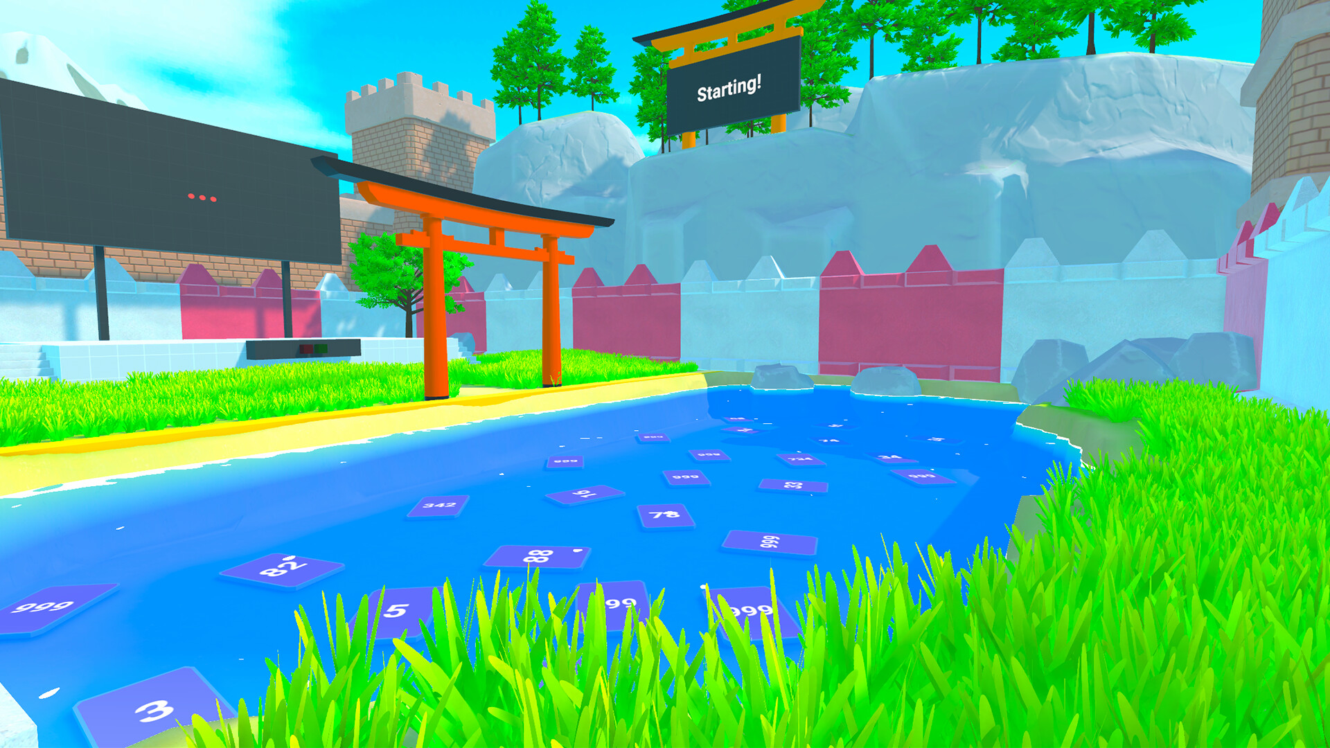 Tampilan Dumb Castle level awal dengan kastil dan pertahanan sederhana