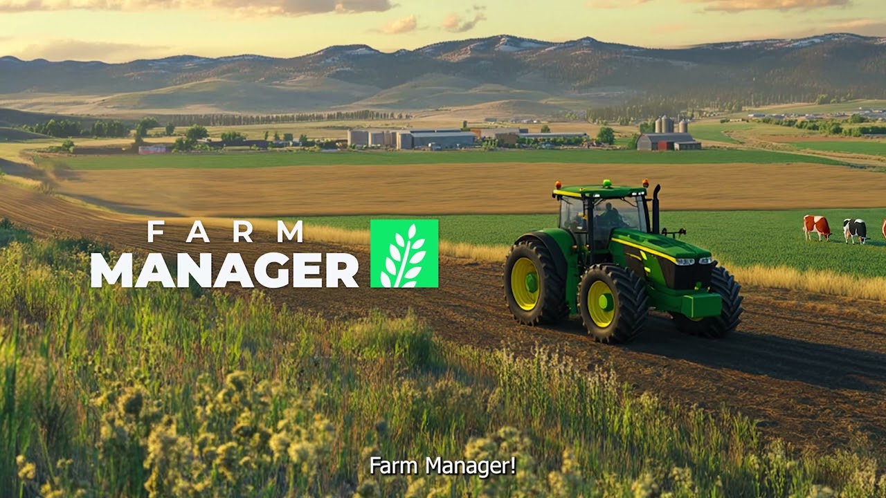 Tampilan lahan pertanian virtual lengkap dengan tanaman dan hewan di game Farm Manager
