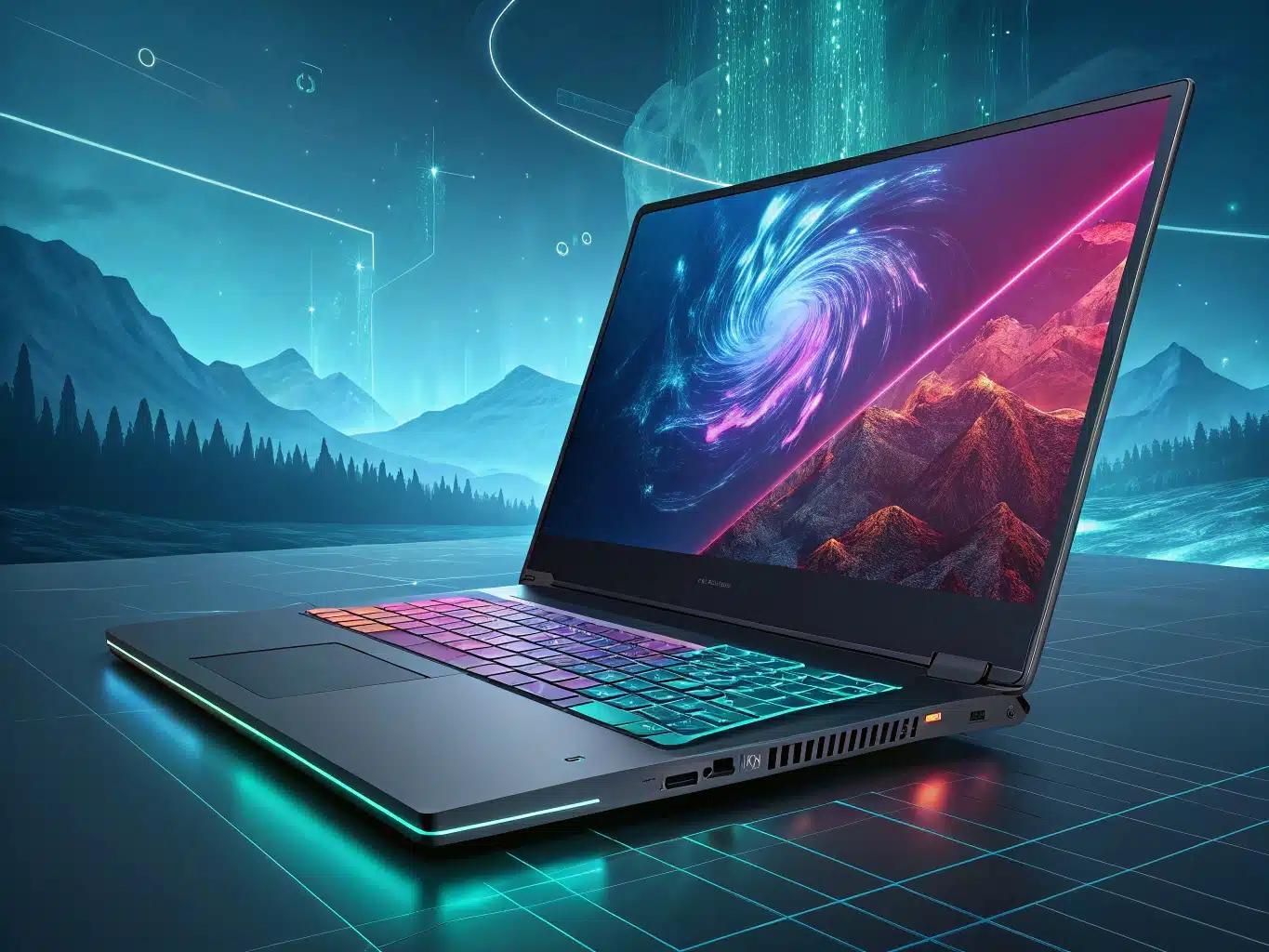Laptop AI Modern dengan Layar Futuristik Laptop AI terbaru dengan layar cerdas dan desain modern untuk produktivitas tinggi