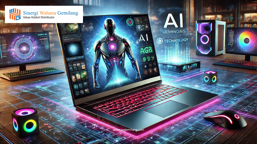 Laptop Gaming AI Tampak Depan dengan Layar Berkualitas Laptop gaming AI terbaru dengan layar tajam dan desain futuristik untuk pengalaman gaming maksimal