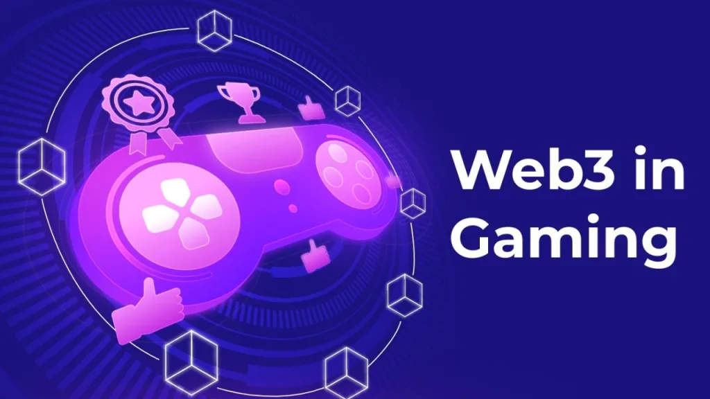 Ilustrasi konsep startup gaming Web3 dengan aset digital dan token blockchain