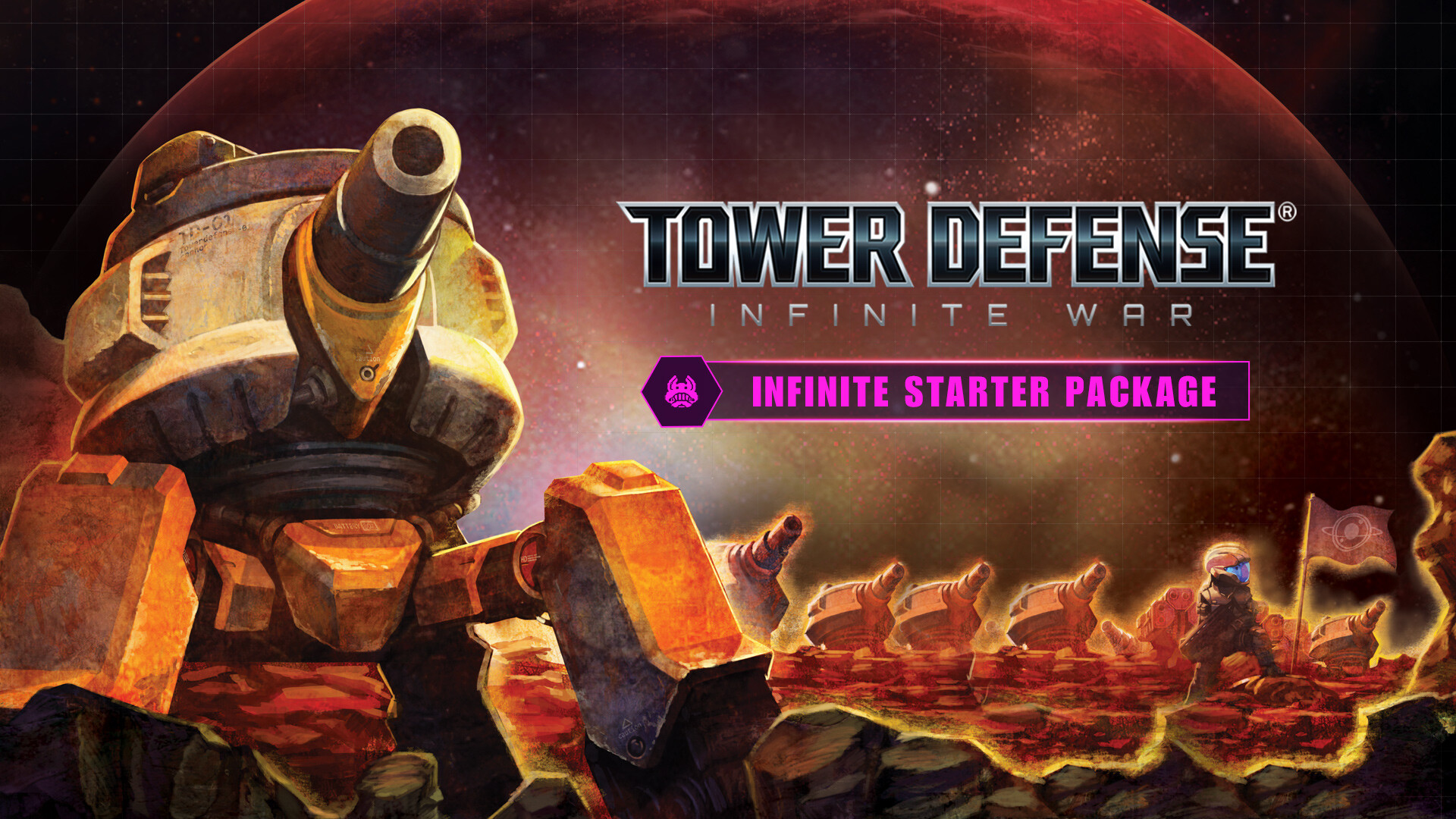 Tampilan gameplay Tower Defense: Infinite War dengan menara dan gelombang musuh