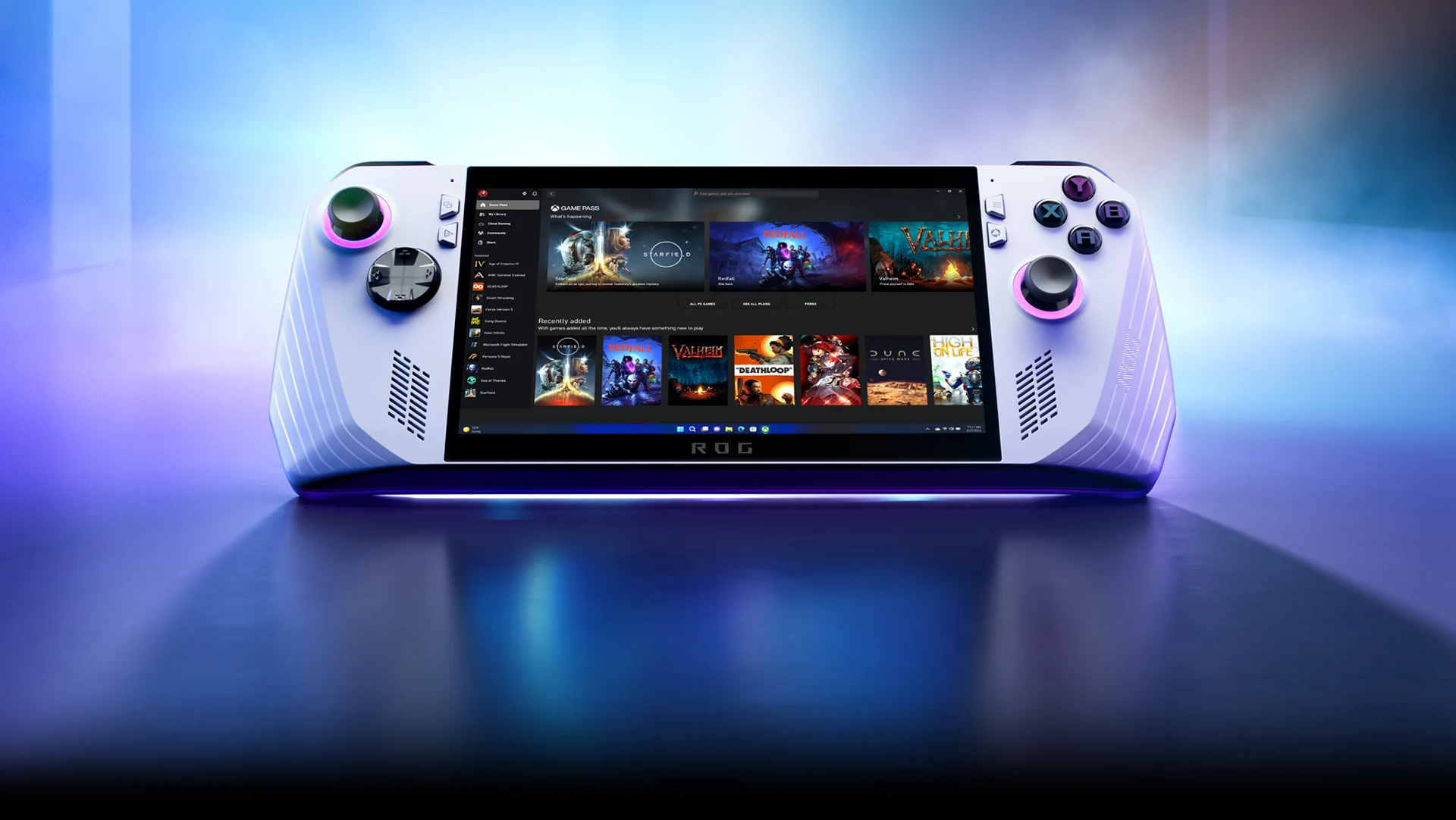 ROG Ally handheld gaming dengan tombol analog dan layar menyala