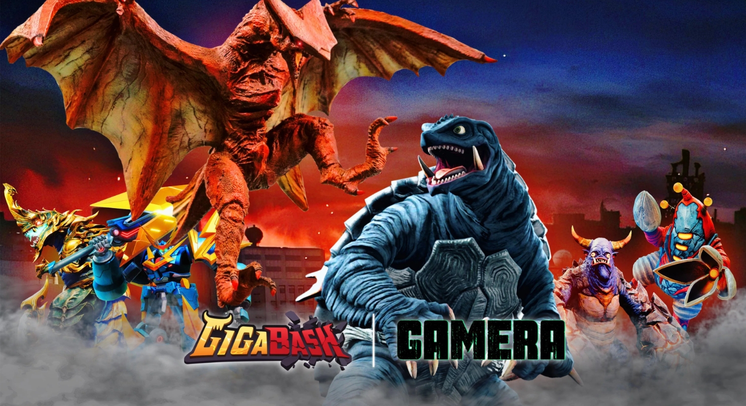Pertarungan Epic GigaBash Arena Karakter monster GigaBash sedang bertarung di tengah kota yang hancur.