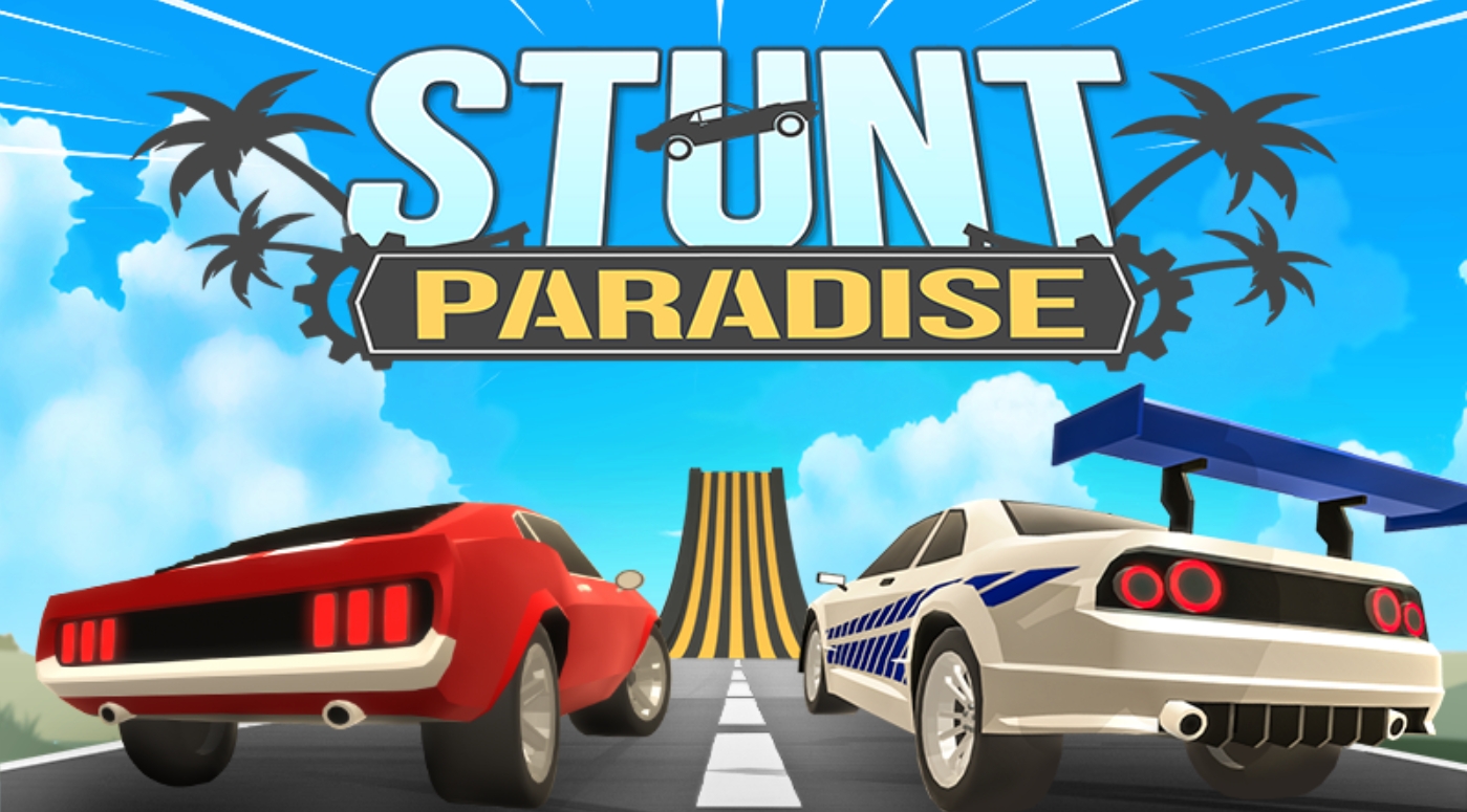 Mobil melakukan aksi stunt ekstrem di lintasan udara dalam game Stunt Paradise dengan grafis realistis dan menantang