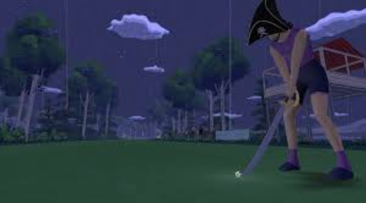 Super Video Golf gameplay dengan pemain sedang melakukan pukulan bola golf di lapangan virtual