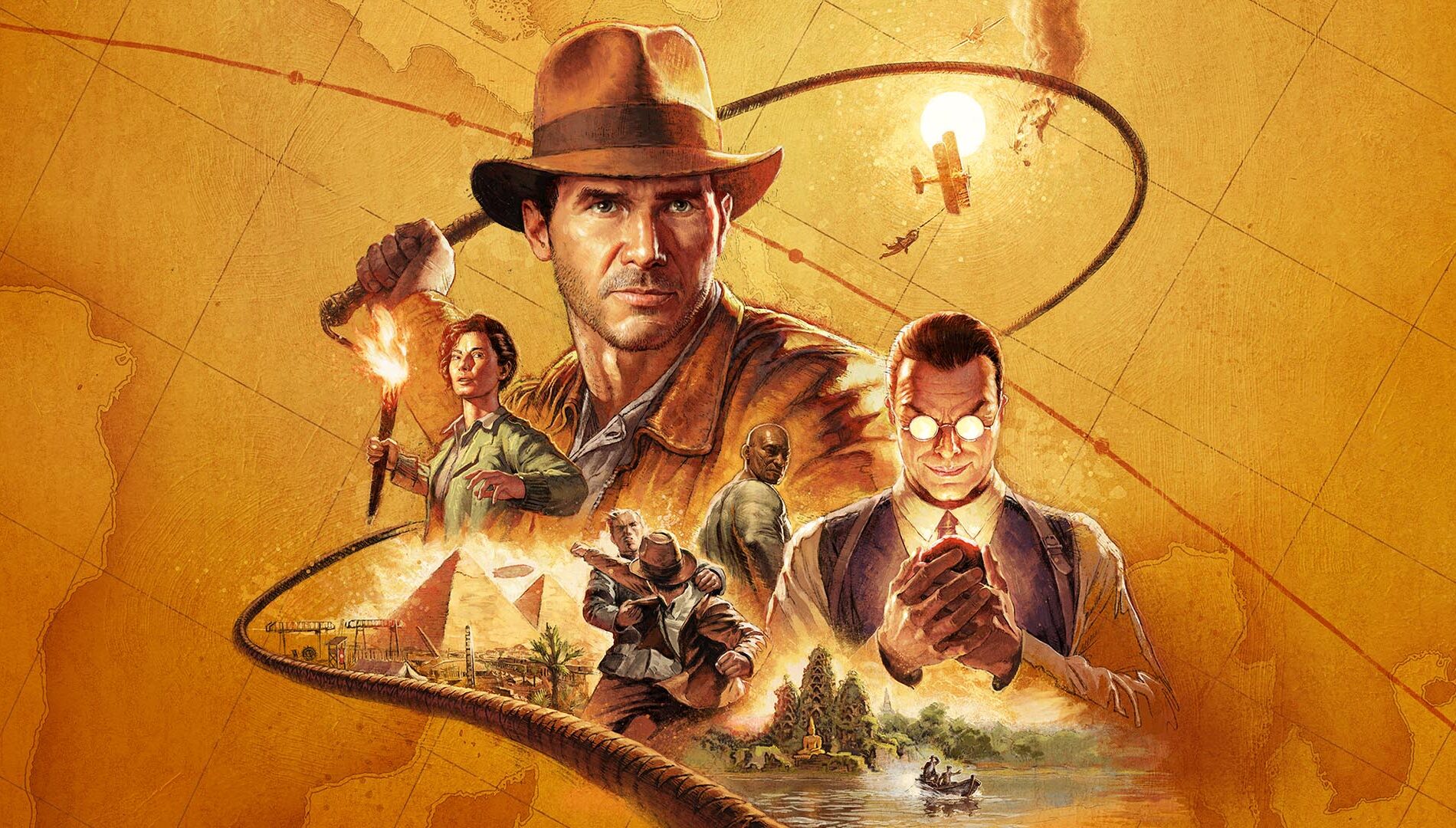 Karakter Indiana Jones memegang pecut di depan kuil kuno dalam game The Great Circle.