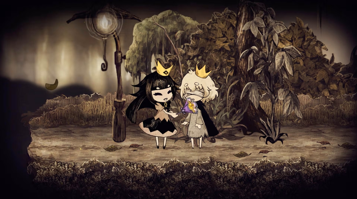 Karakter putri menggandeng tangan pangeran buta di hutan dalam game The Liar Princess and the Blind Prince.