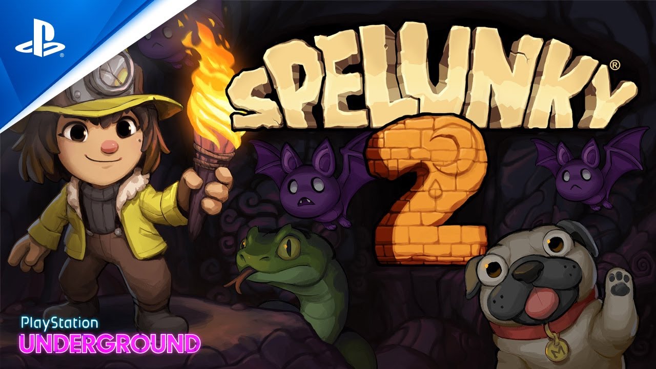 Karakter Ana Spelunky 2 sedang mengeksplorasi gua di Bulan
