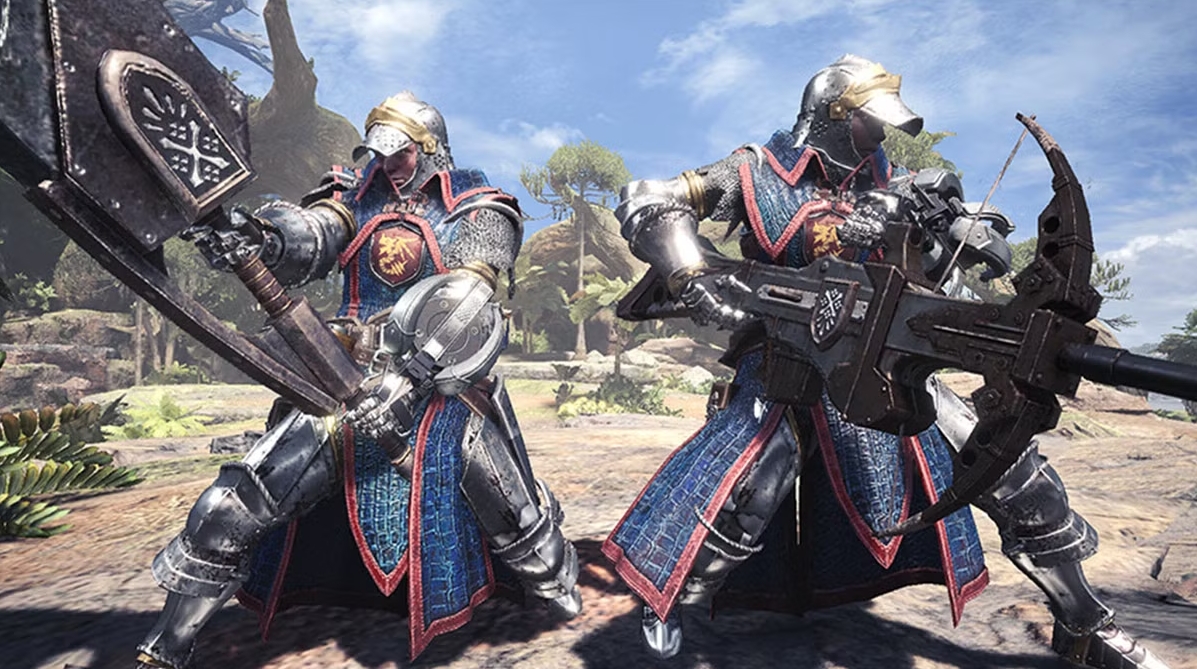 Hunter sedang bertarung melawan monster besar di Monster Hunter: World dengan senjata pedang besar