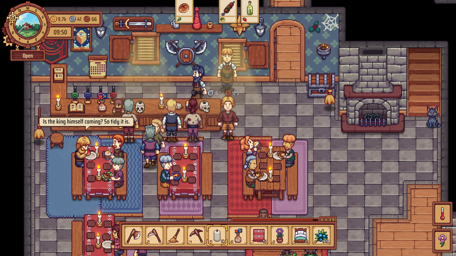 Gameplay Travellers Rest saat mengelola tavern dengan aktivitas memasak dan melayani pelanggan
