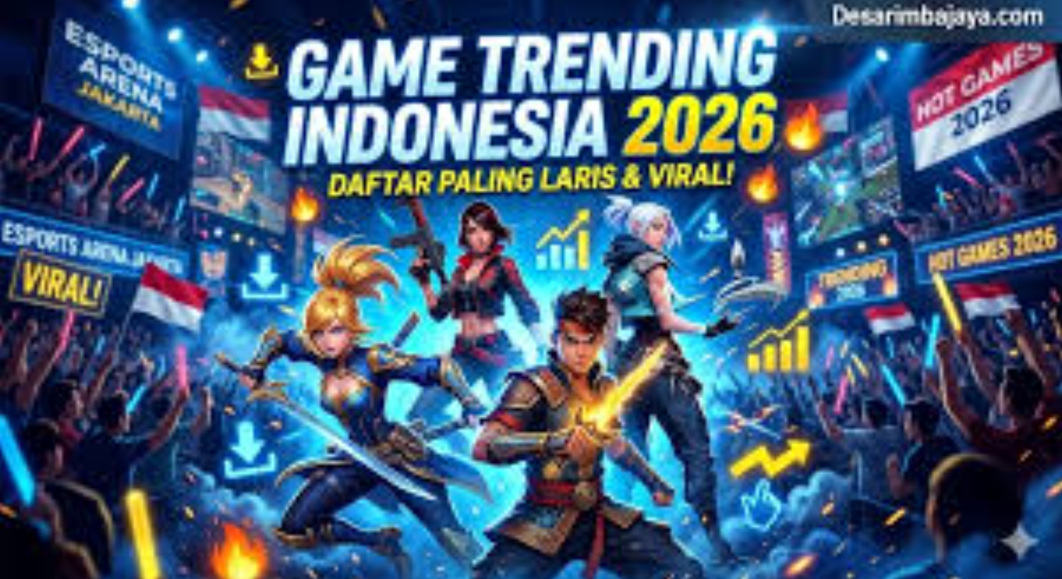 Ilustrasi teknologi gaming terbaru 2026 dengan komputer gaming, AI, dan dunia virtual digital modern